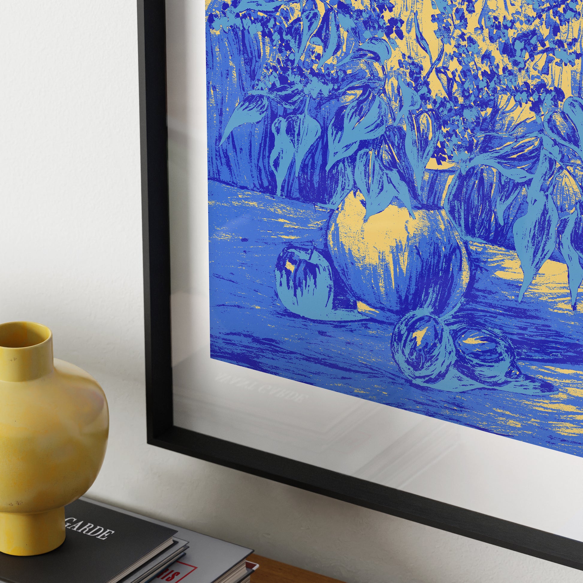 Detail of a still life with flowers with blue and yellow colors graphic art print.