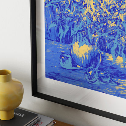 Detail of a still life with flowers with blue and yellow colors graphic art print.