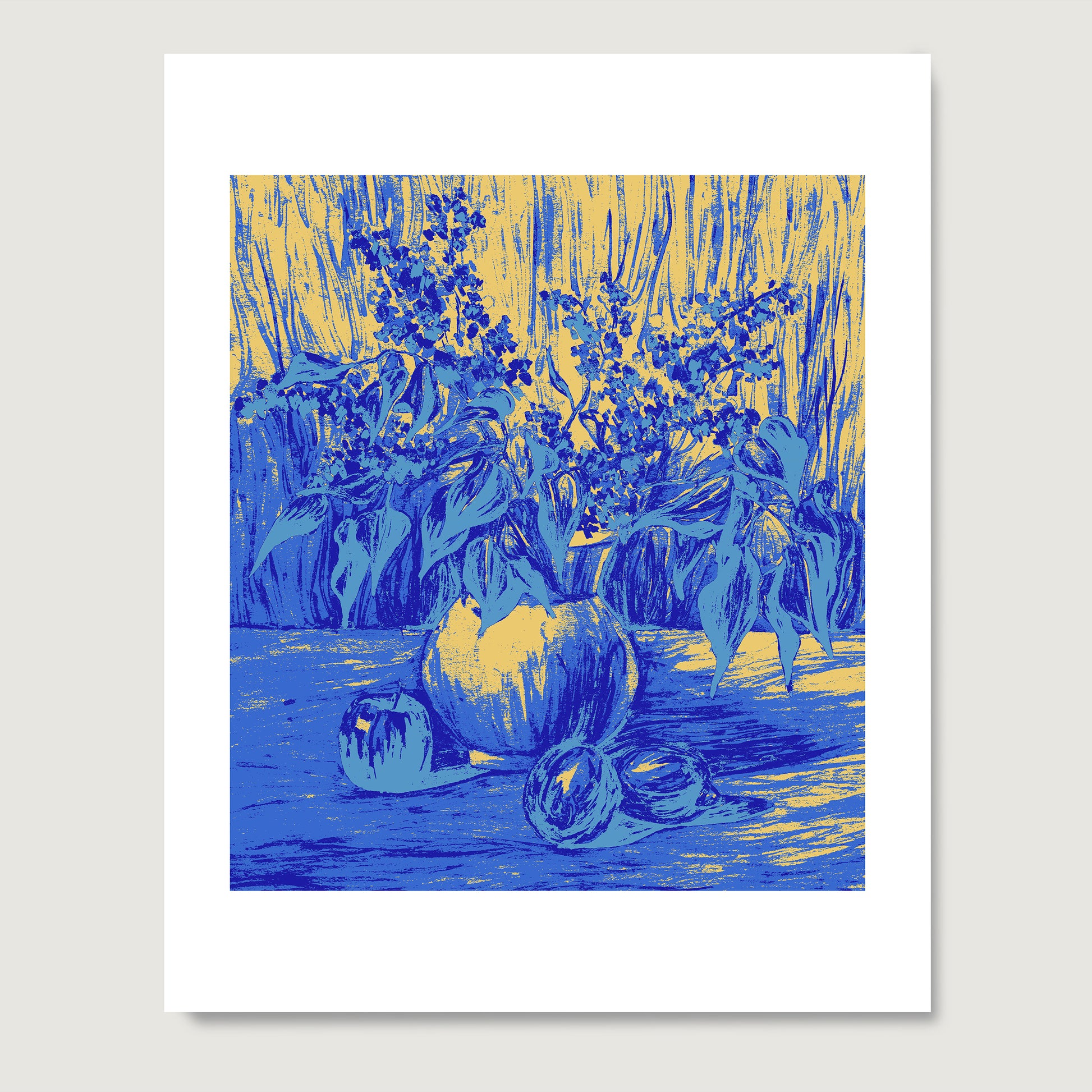 Still life with flowers with blue and yellow colors graphic art print on paper.