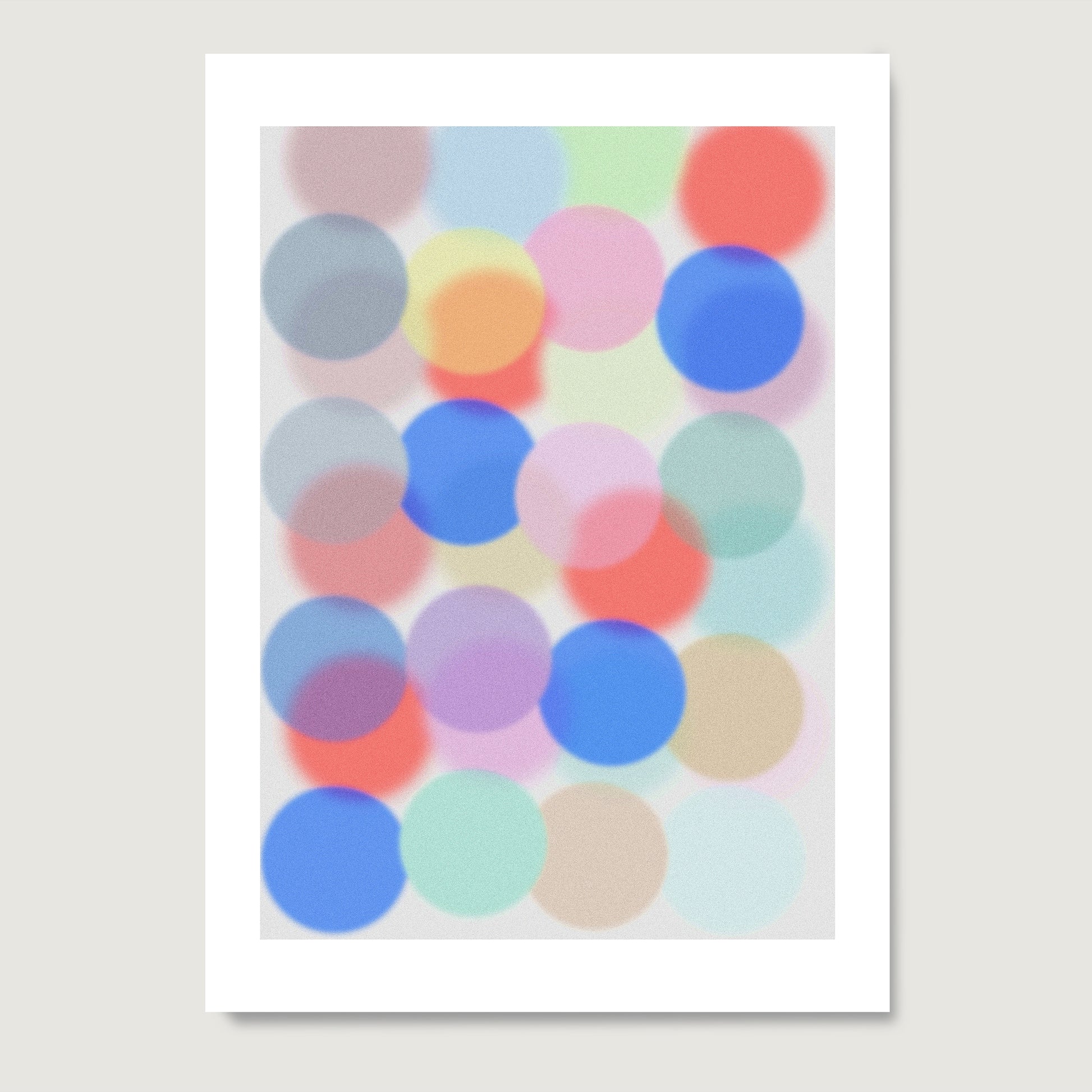 Colorful dot pattern on a light gray background.