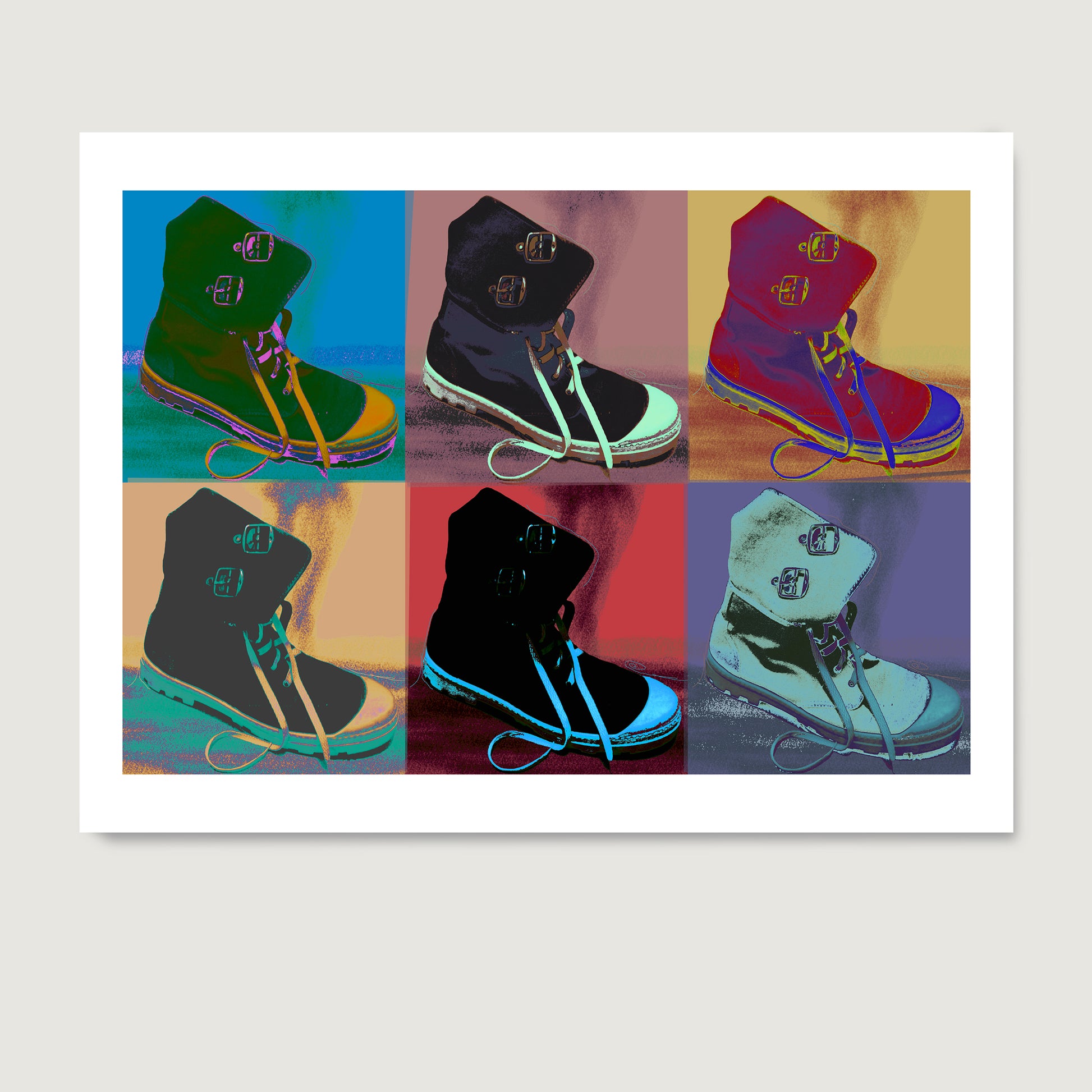 Colorful pop art art print with boots on paper.