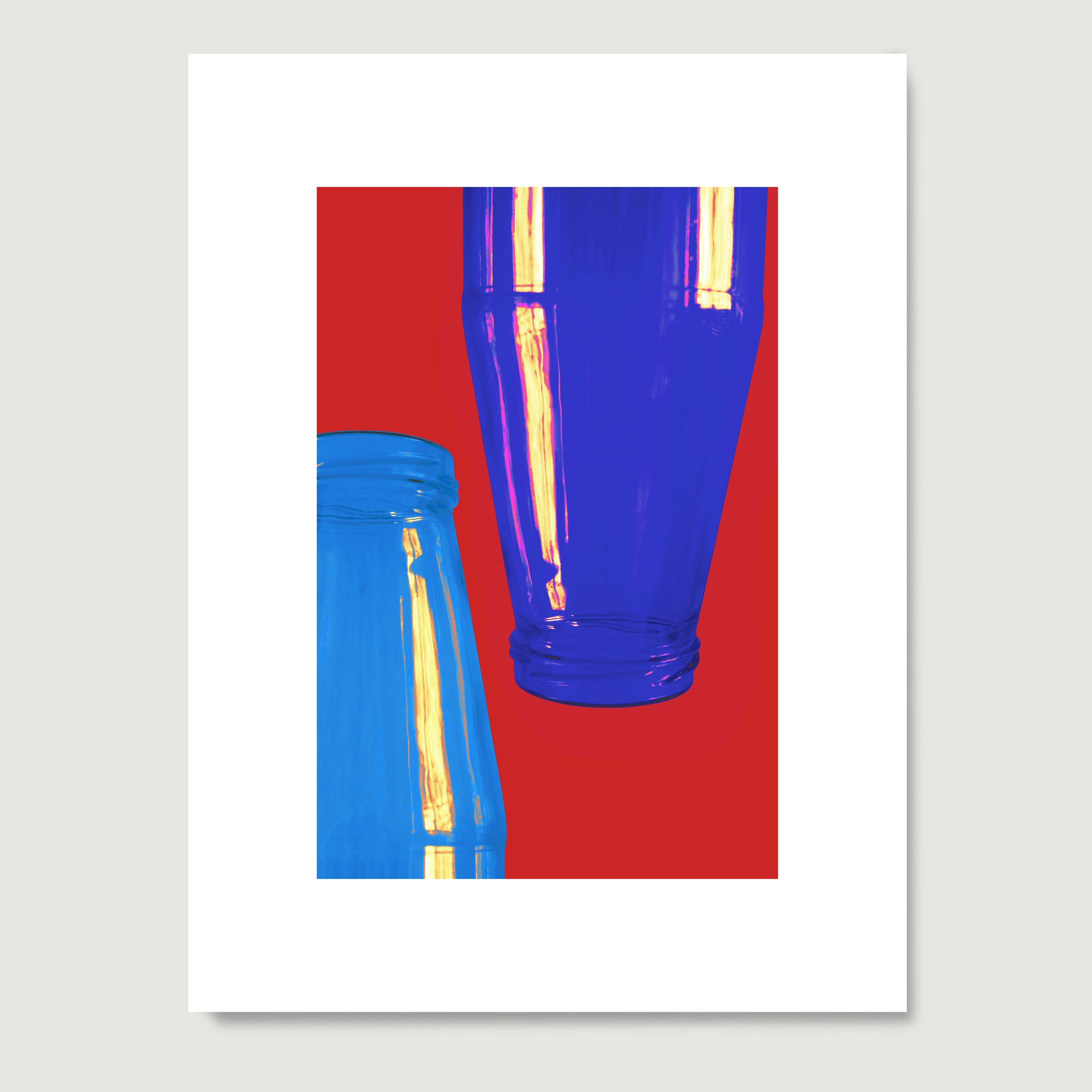 Minimalist graphic art print with bright red and blue colors on paper.