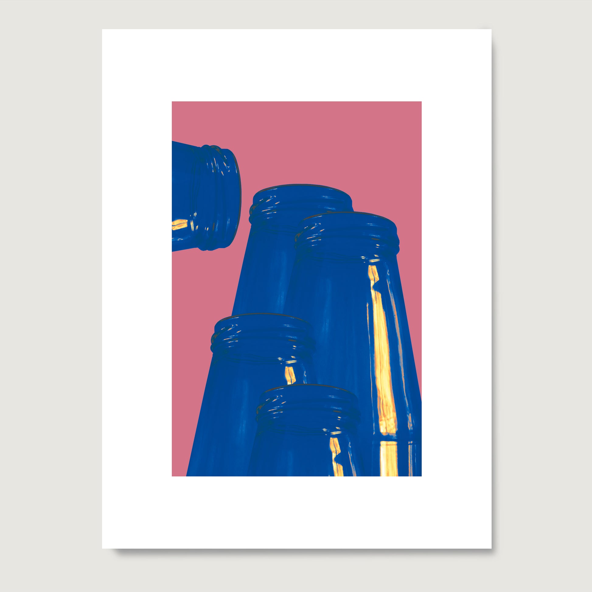 Pink and blue graphic art print on paper.