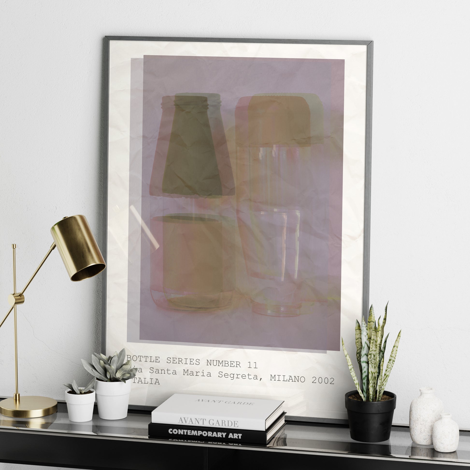 Photography artistic art print with pastel colors on a sideboard.