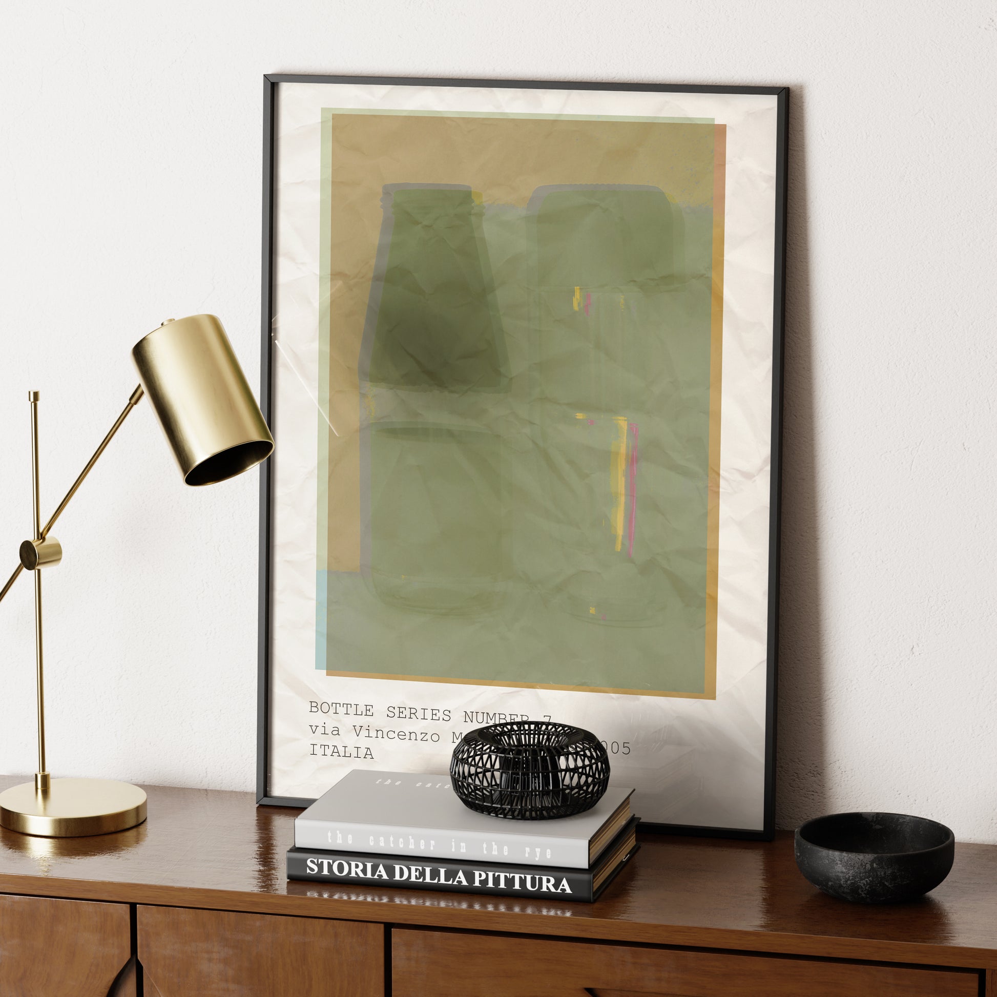 Artistic photography graphic art print with text, on a sideboard.