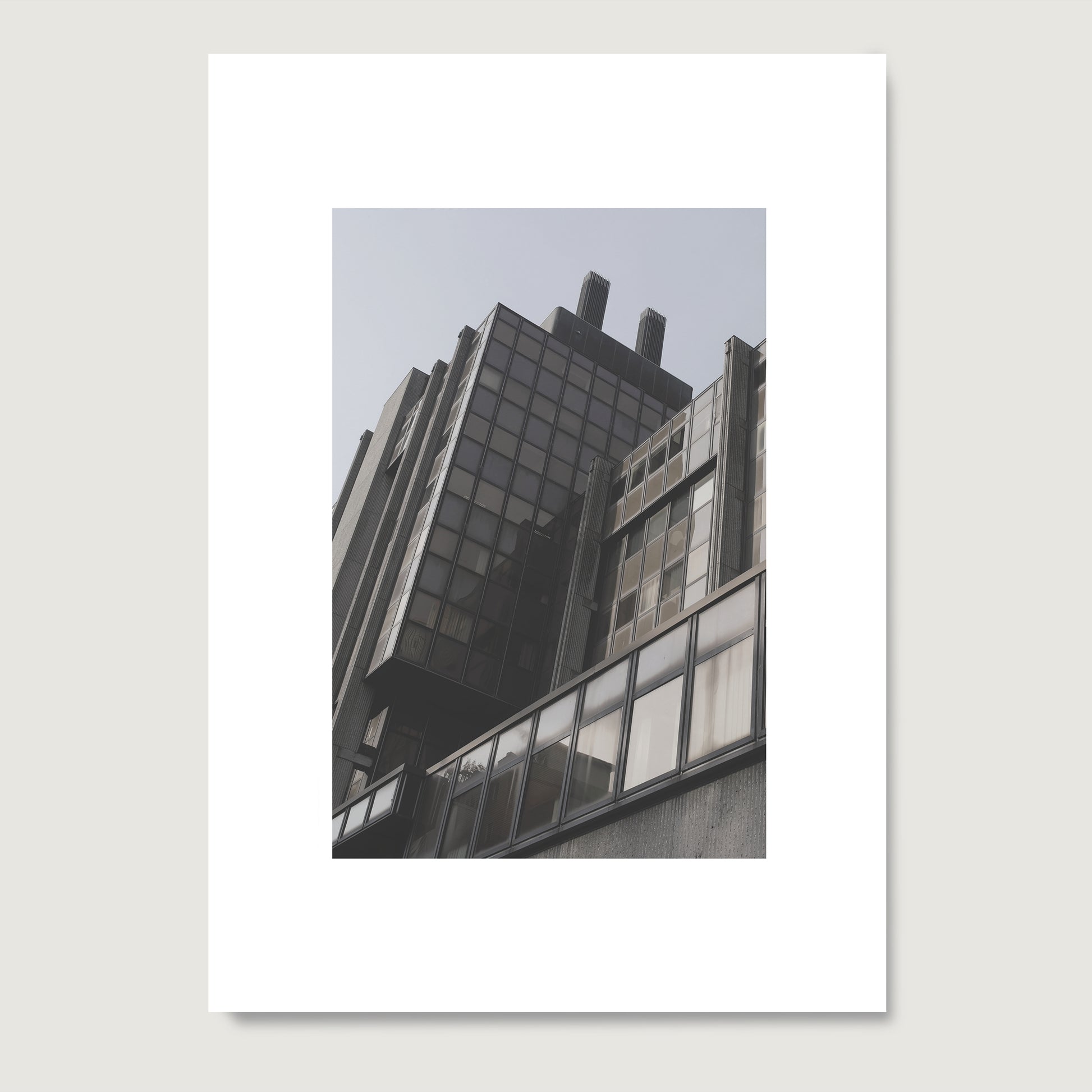 Urban photography art print of a modern office building, on paper.