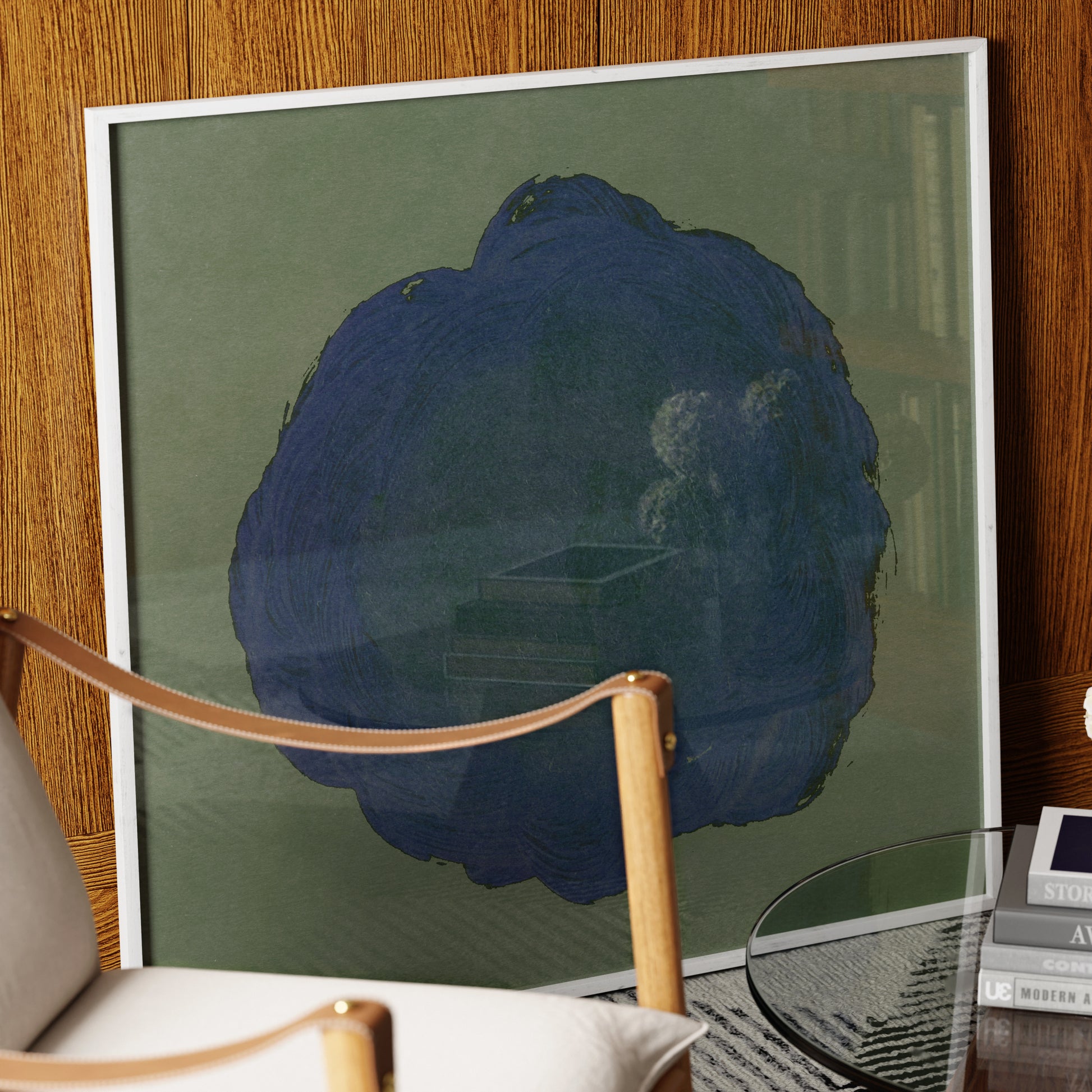 Blue on green abstract contemporary art print in a warm interior.