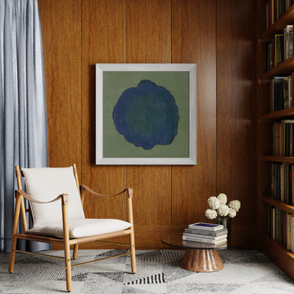 Blue on green abstract contemporary art print in a mid-century modern interior.