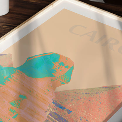 Detail of a travel poster Cairo landmark colorful art print.