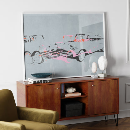 Pop art car crash on blue art print on a wood sideboard in a luxury interior.