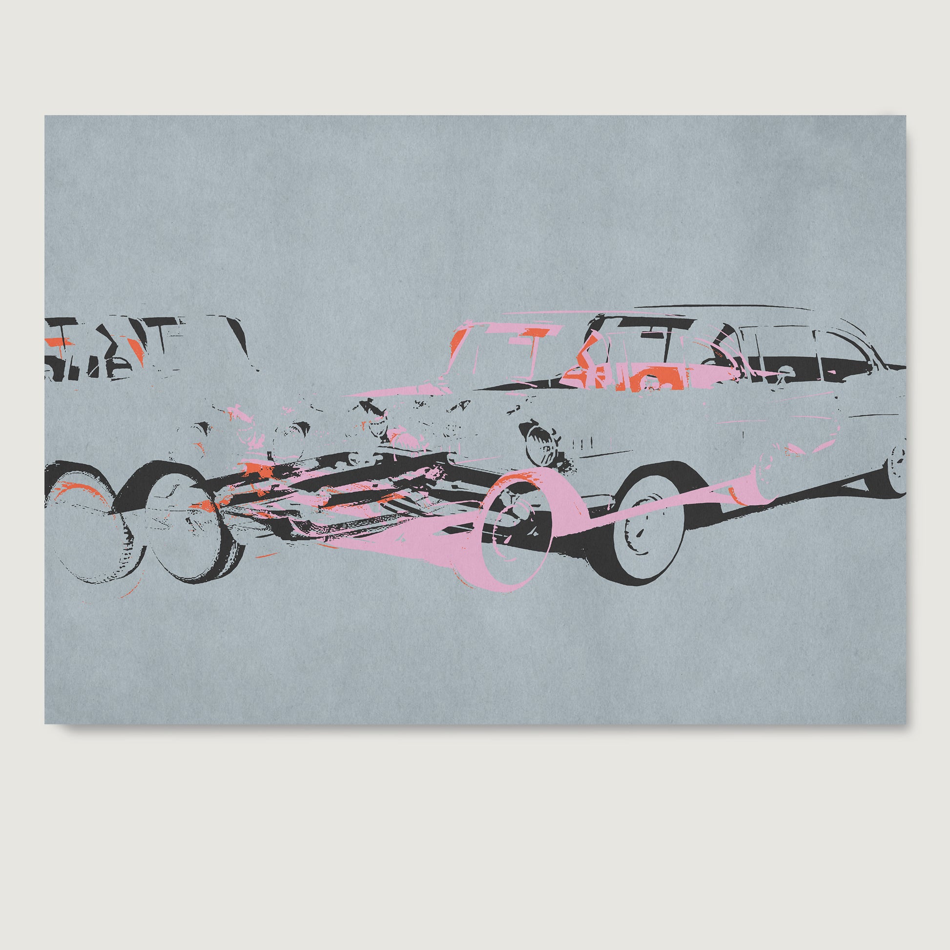 Pop art car crash on blue art print on paper.
