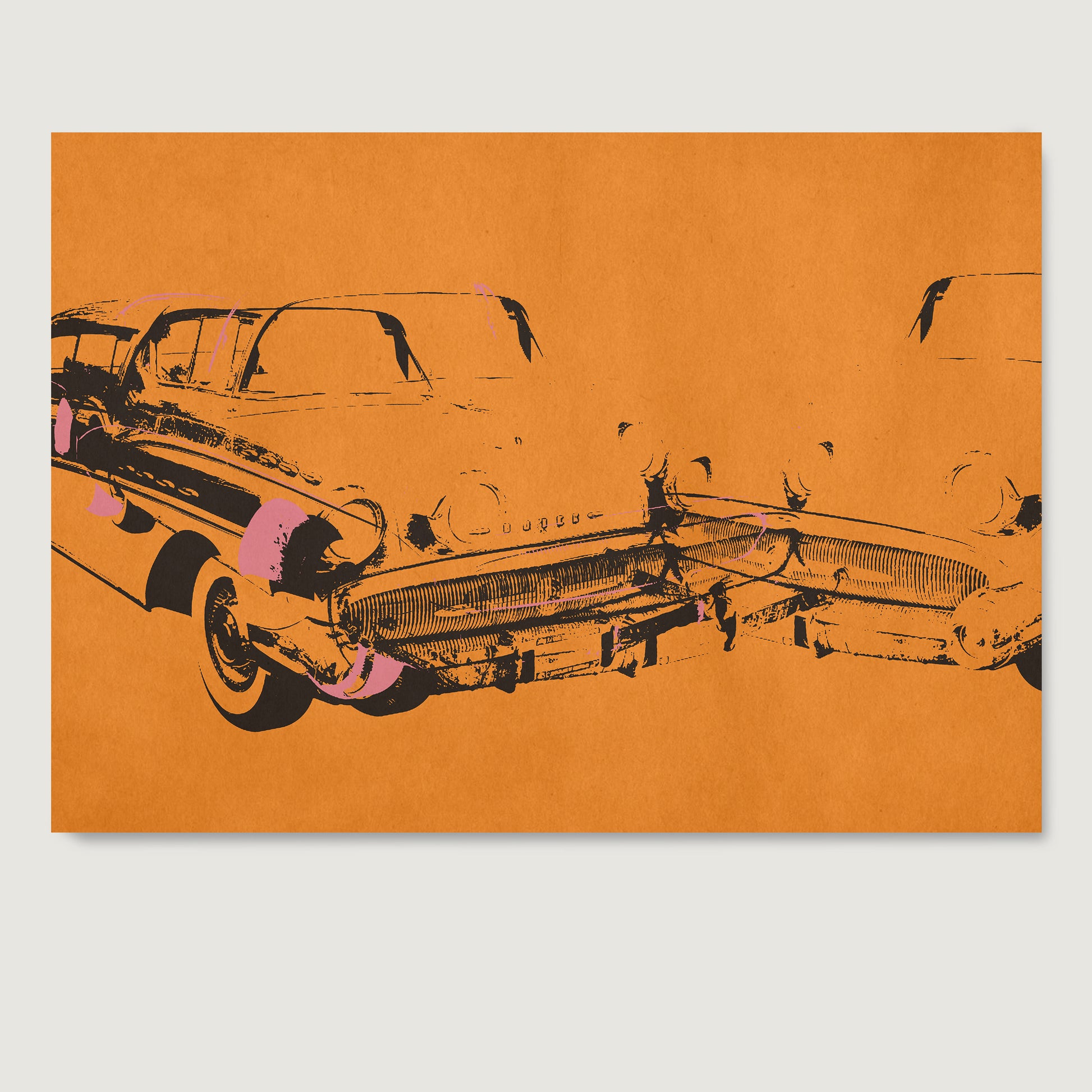 Orange car crash pop art art print on paper.