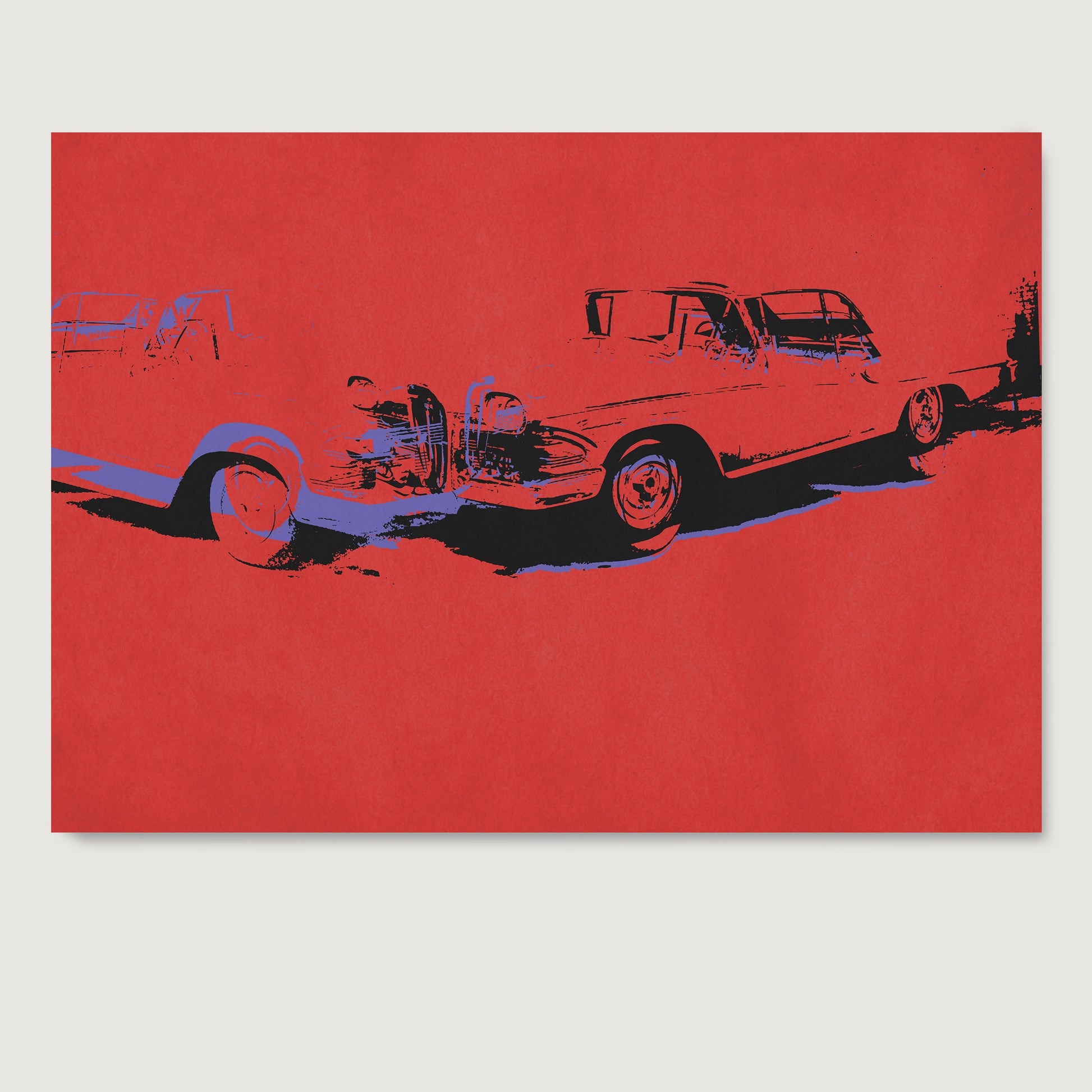 Red car crash pop art art print on paper.
