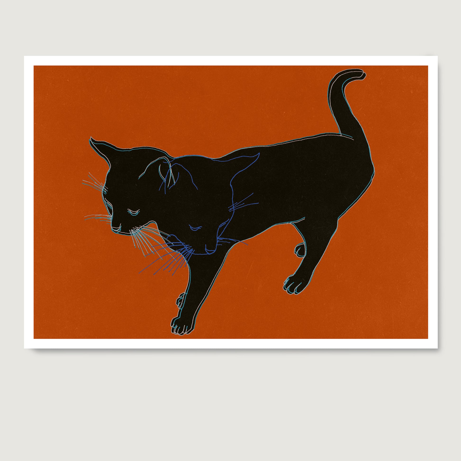 High quality art print with a cat on a vivid orange background.