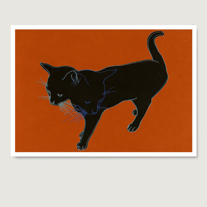 High quality art print with a cat on a vivid orange background.