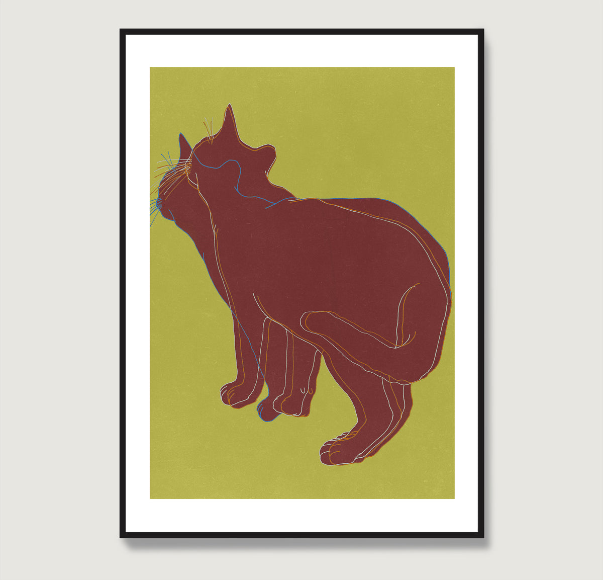 Line art high quality print with a cat on a yellow background.
