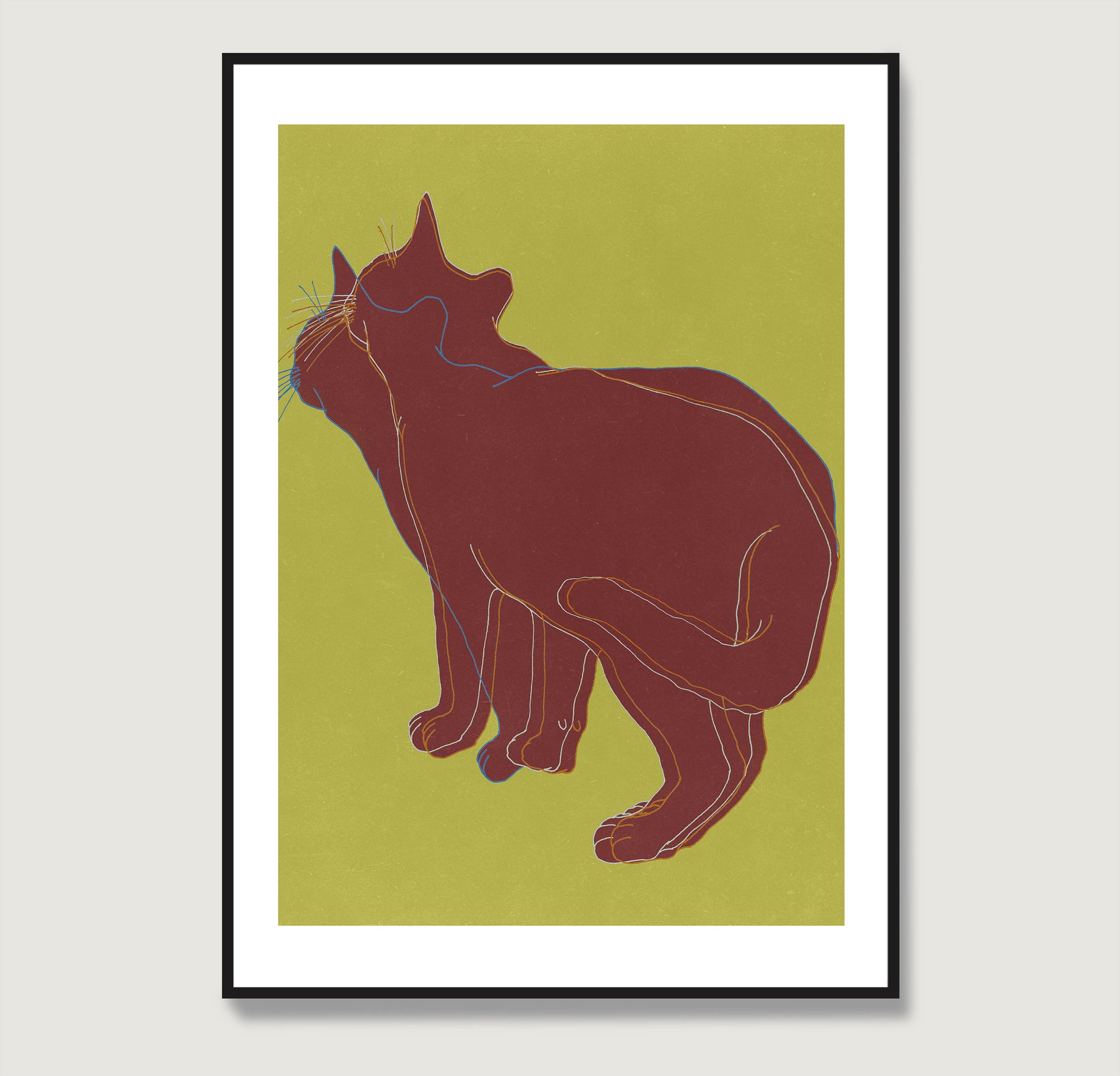 Line art high quality print with a cat on a yellow background.
