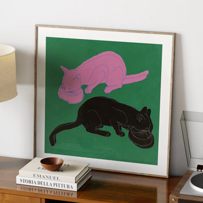 Art print with two cats on a green background.