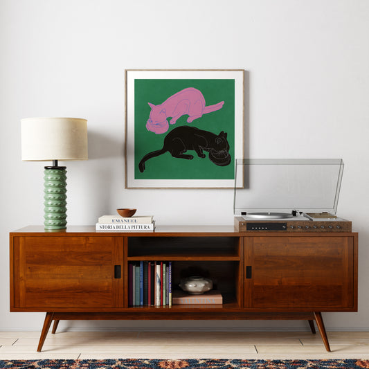 Art print with two cats in a vintage interior.