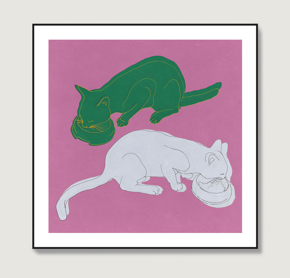 Art print with two cats on a pink background.