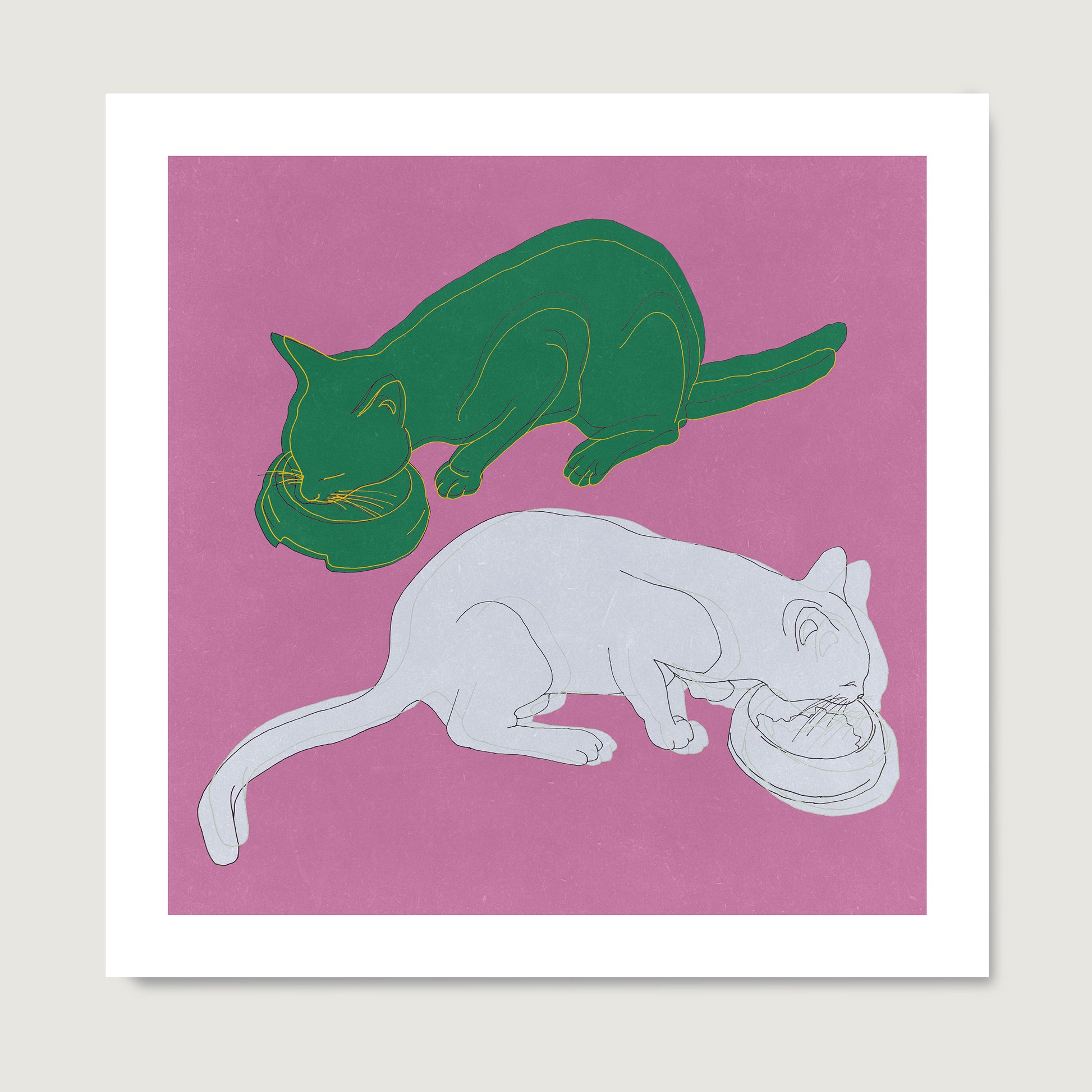 High quality art print with two cats eating on a pink background.