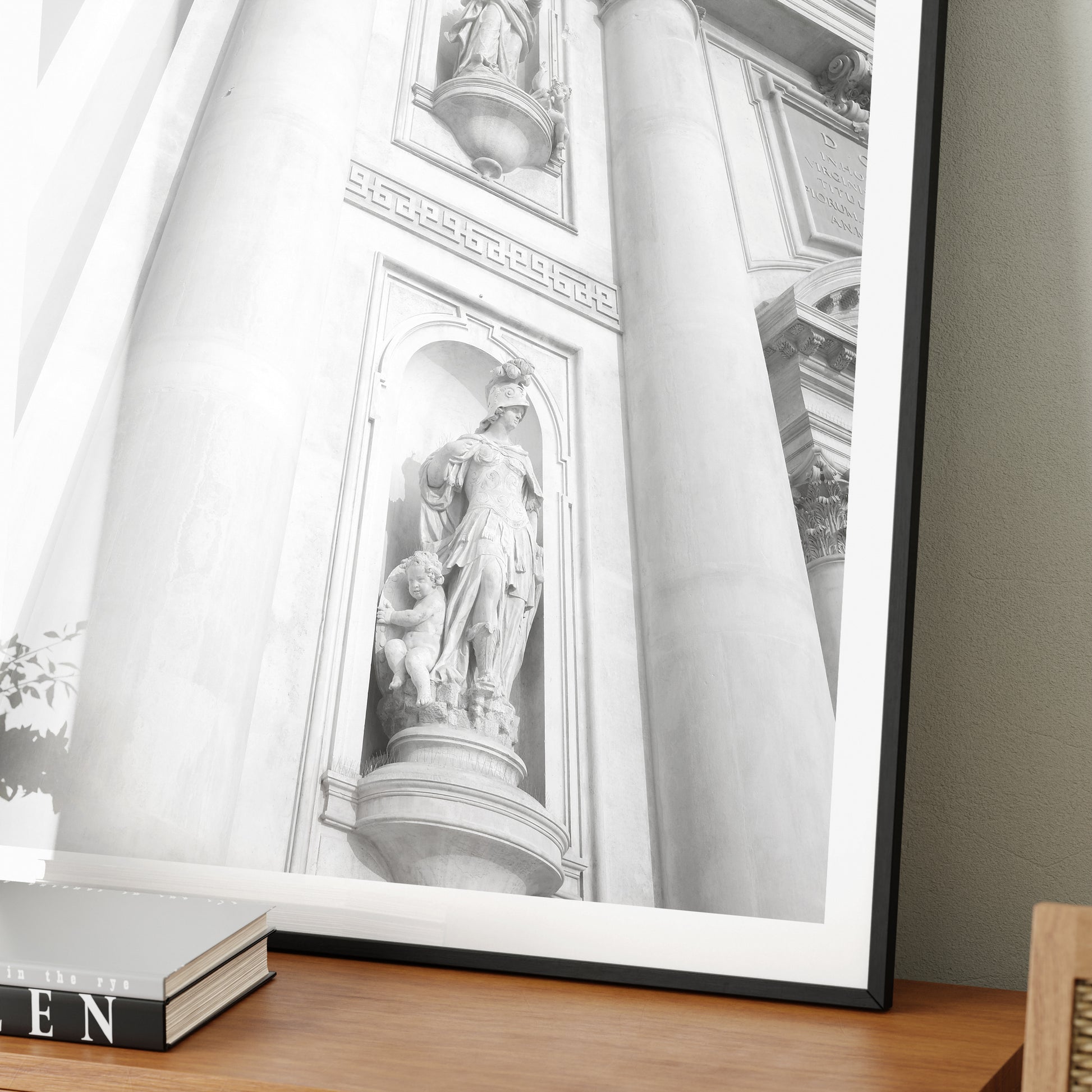 Detail of an architectural photography of a Venetian church, black and white art print.