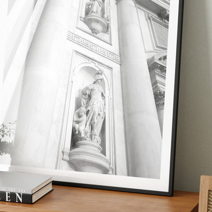 Detail of an architectural photography of a Venetian church, black and white art print.