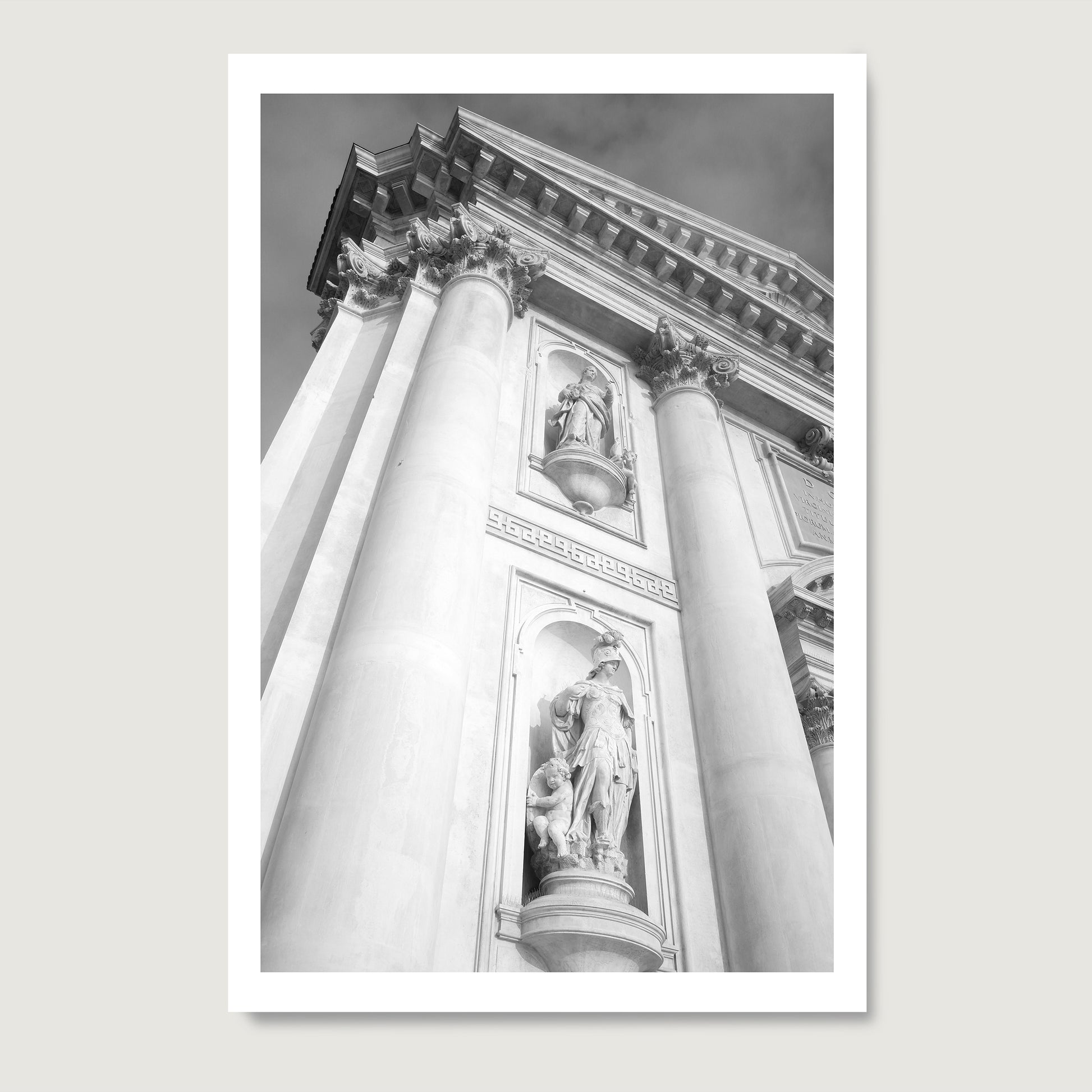Architectural photography of a Venetian church, black and white art print on paper.