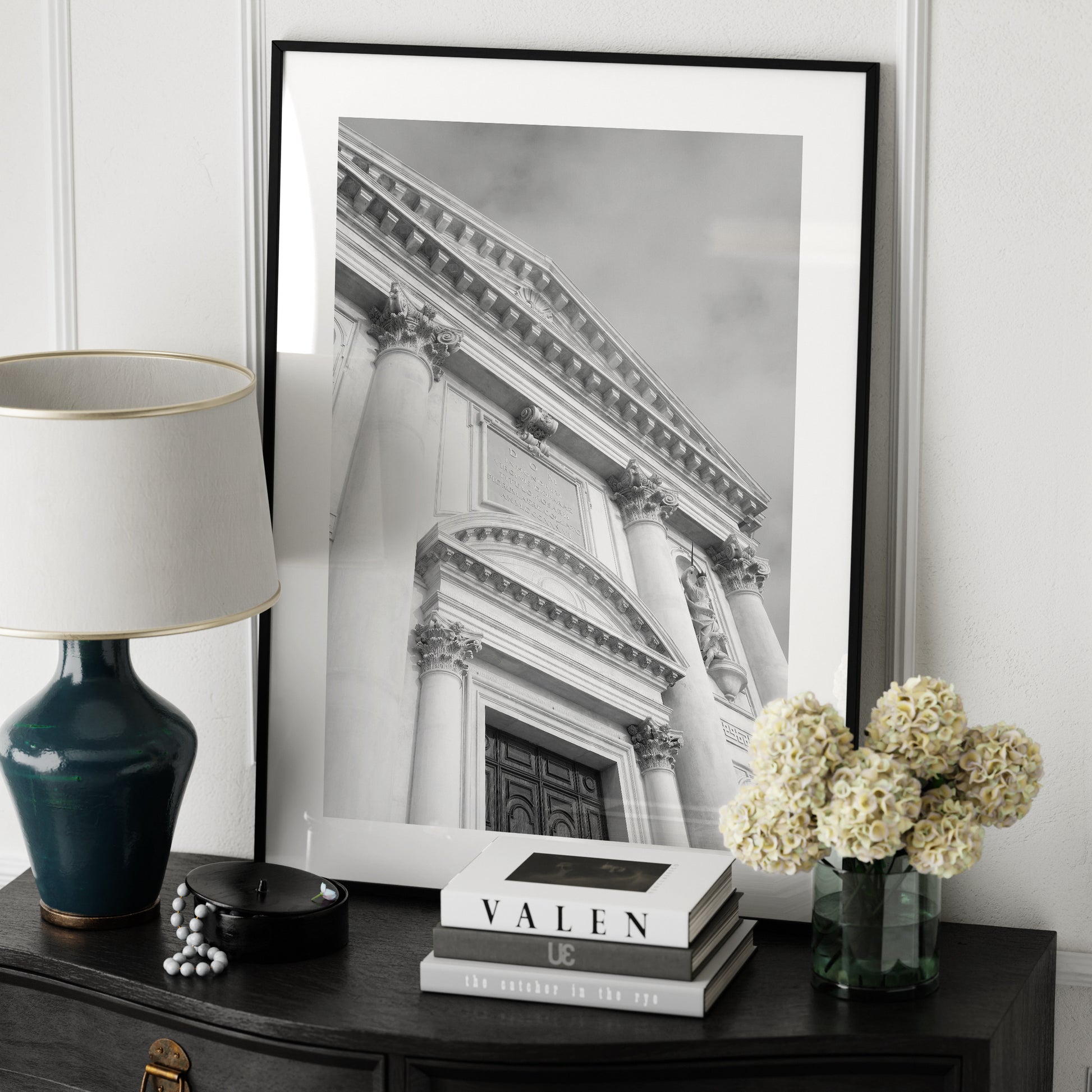 Classic facade of a Venetian church, black and white architectural photography art print on a sideboard.