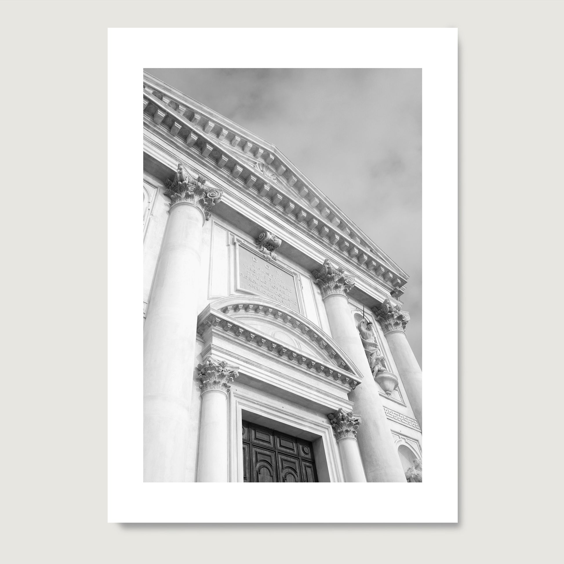 Classic facade of a Venetian church, black and white architectural photography art print on paper.