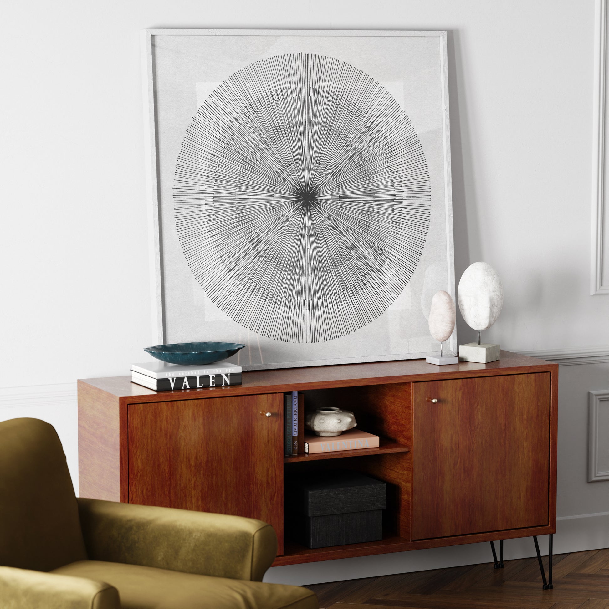 Abstract lines minimalist contemporary art print on a sideboard.