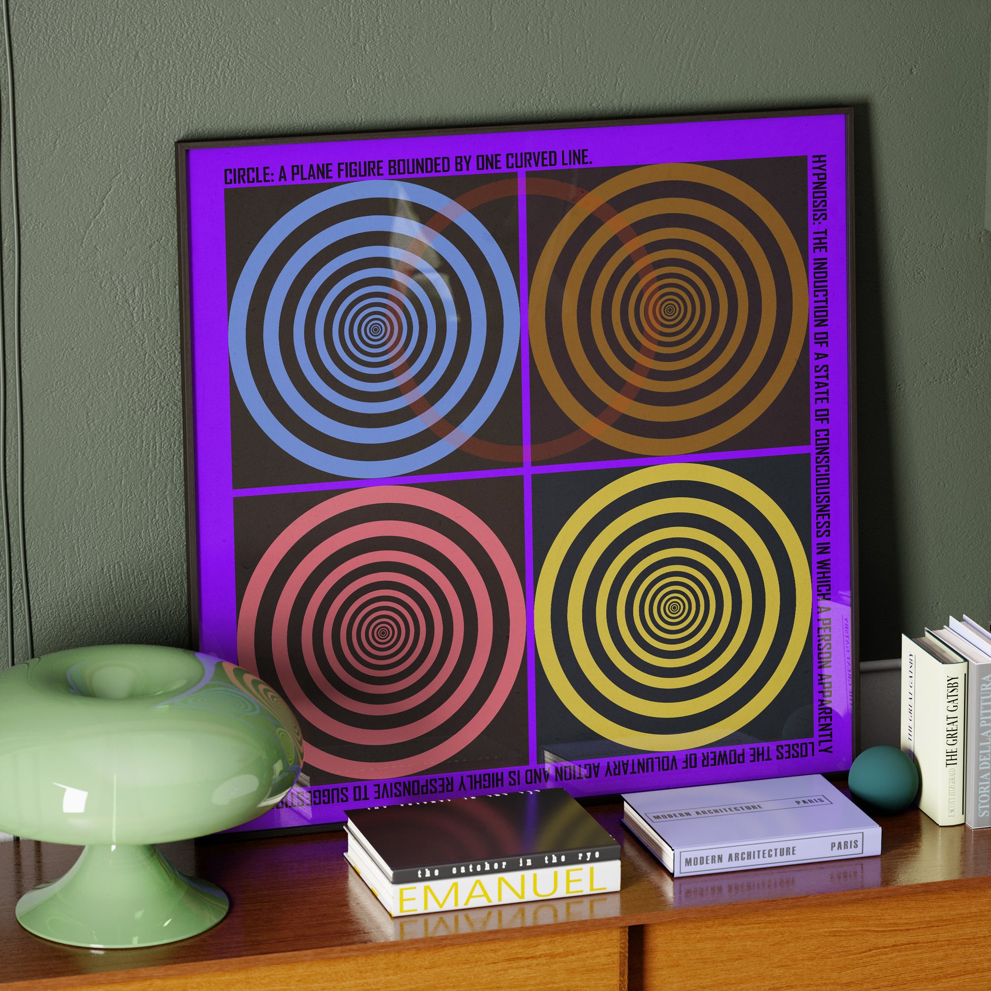 Colorful abstract vintage art print on a wood sideboard.
