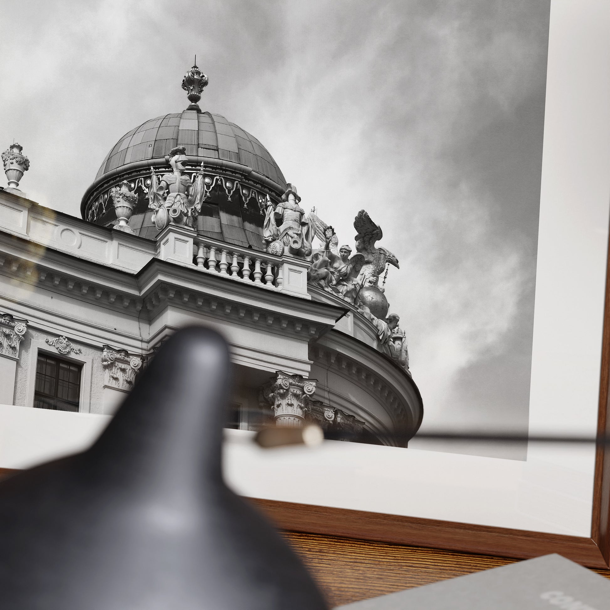 Detail of a classic Vienna architectural corner, black and white photography art print.