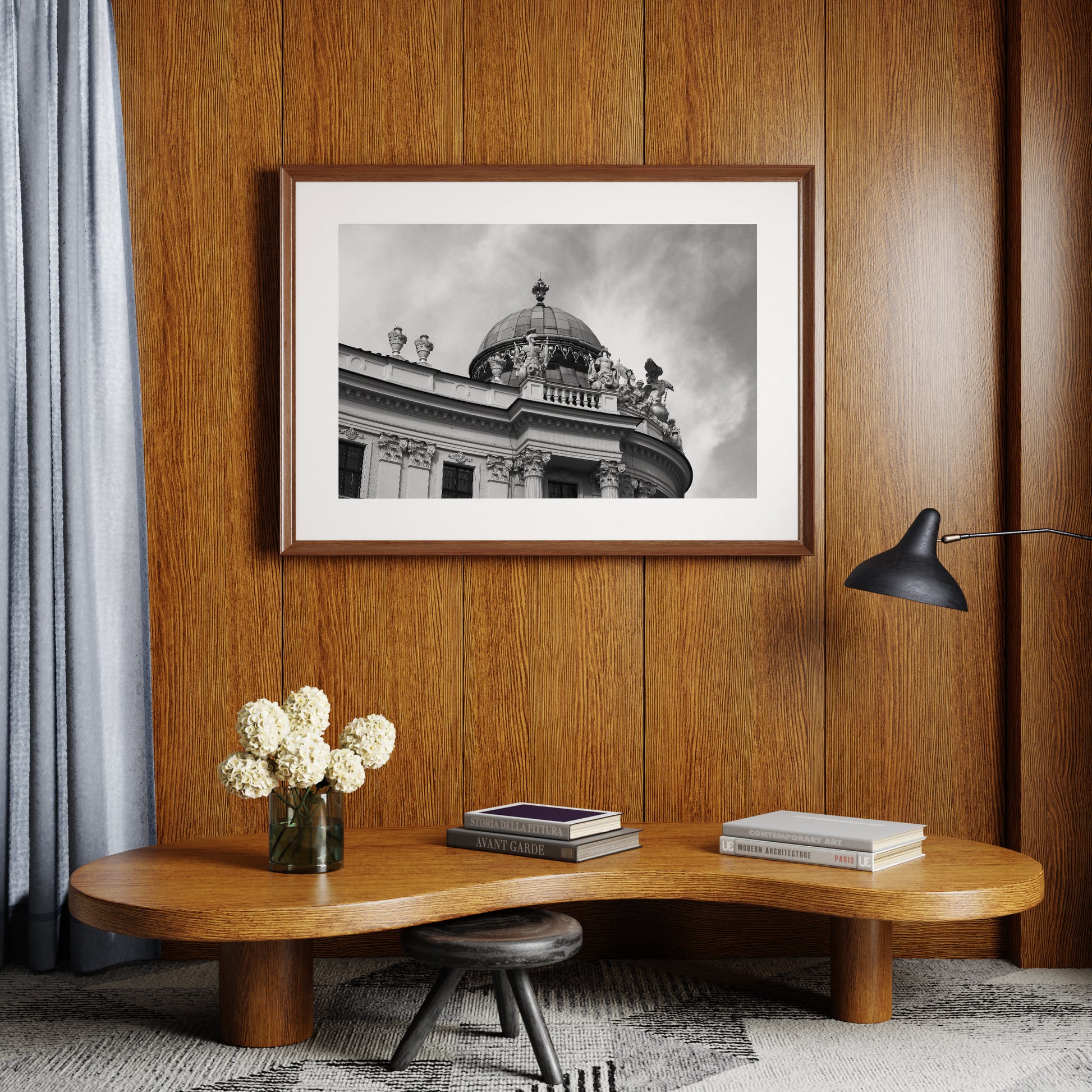 Classic Vienna architectural corner, black and white photography art print in a mid-century modern interior.