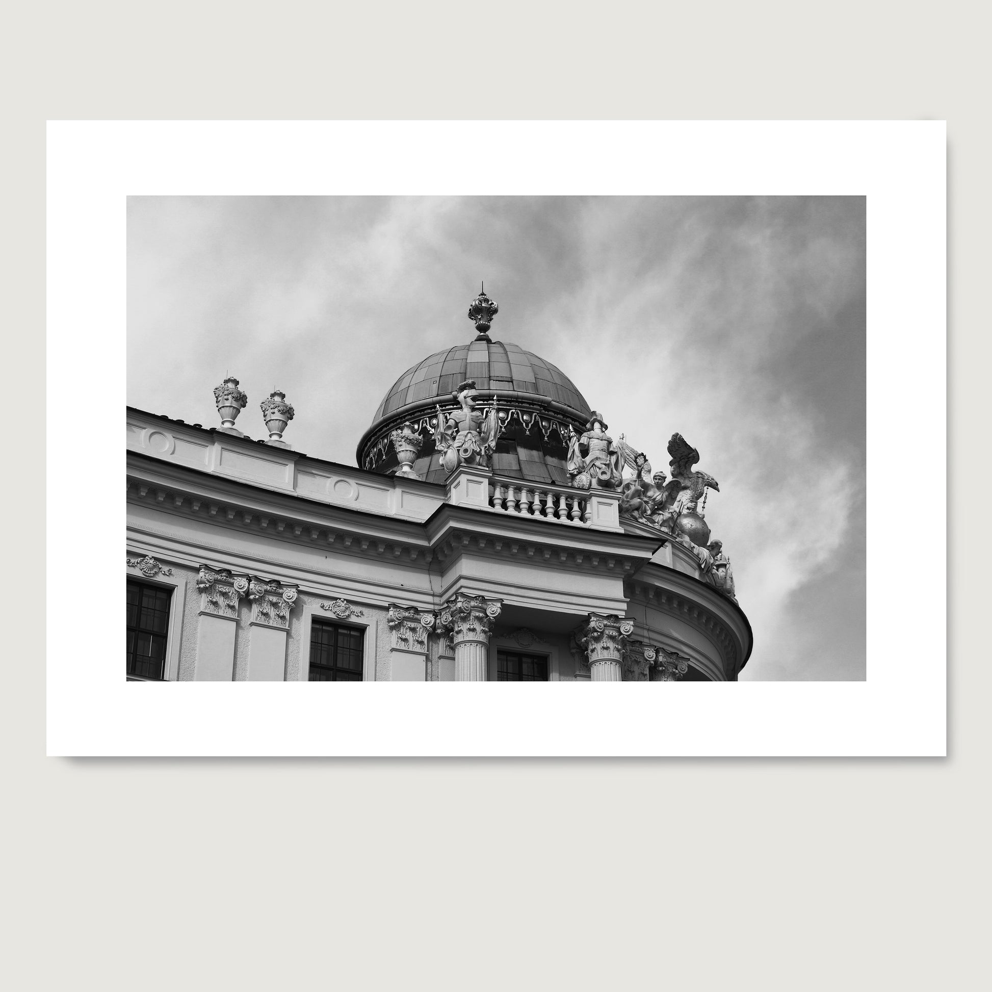 Classic Vienna architectural corner, black and white photography art print on paper.
