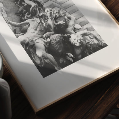 Baroque sculptures, black and white photography art print in a moody space.