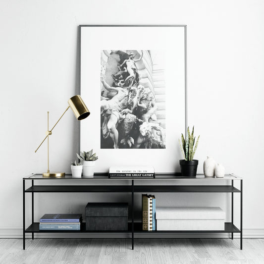 Baroque sculptures black and white photography art print in a white, modern interior.