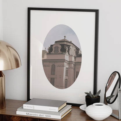 Architectural corner of a Vienna building, pastel colors photography art print on a sideboard.