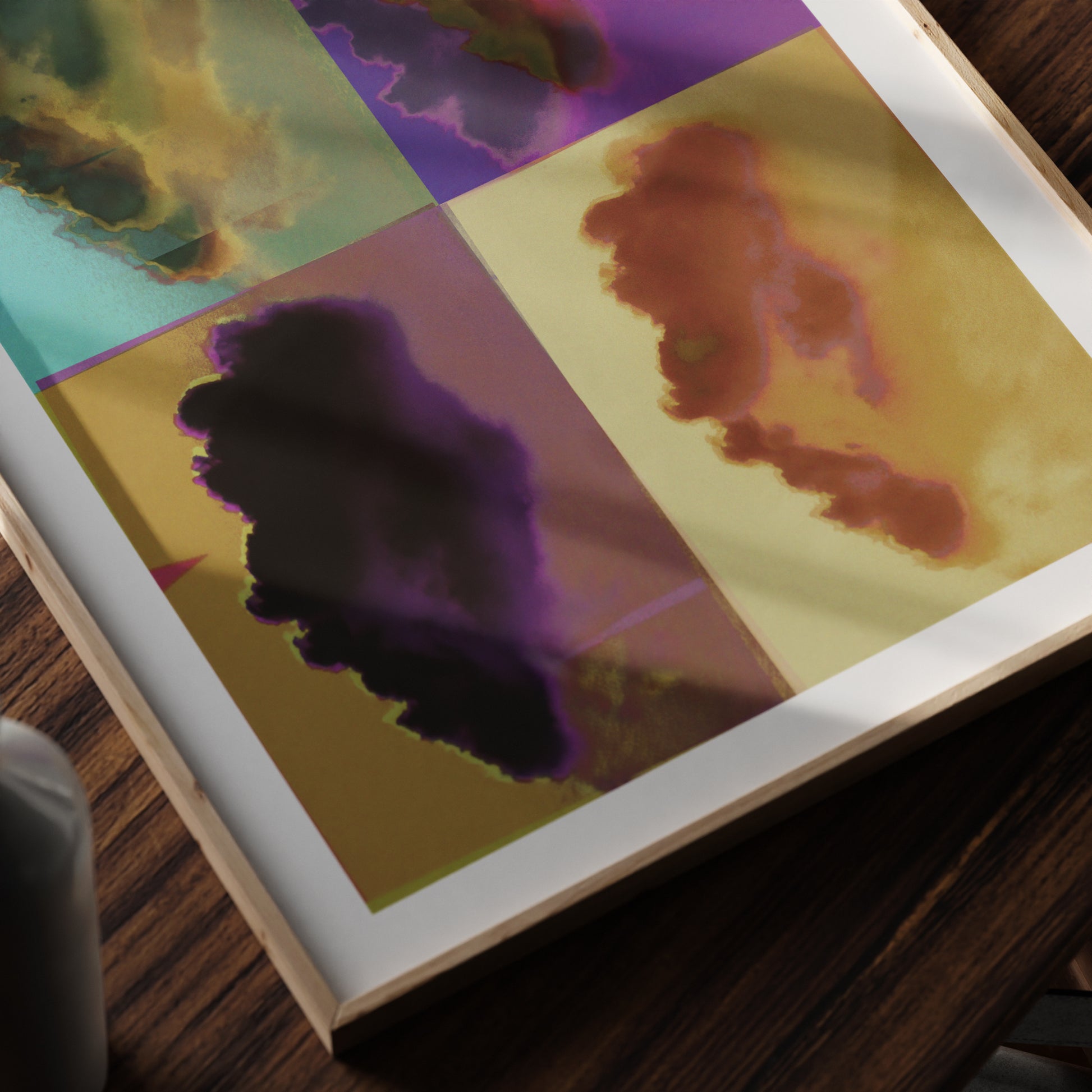 Detail of a colorful pop art print with clouds.