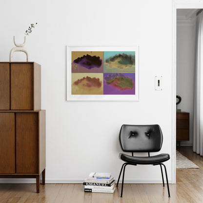 Pop art clouds colorful art print in a minimalist interior.