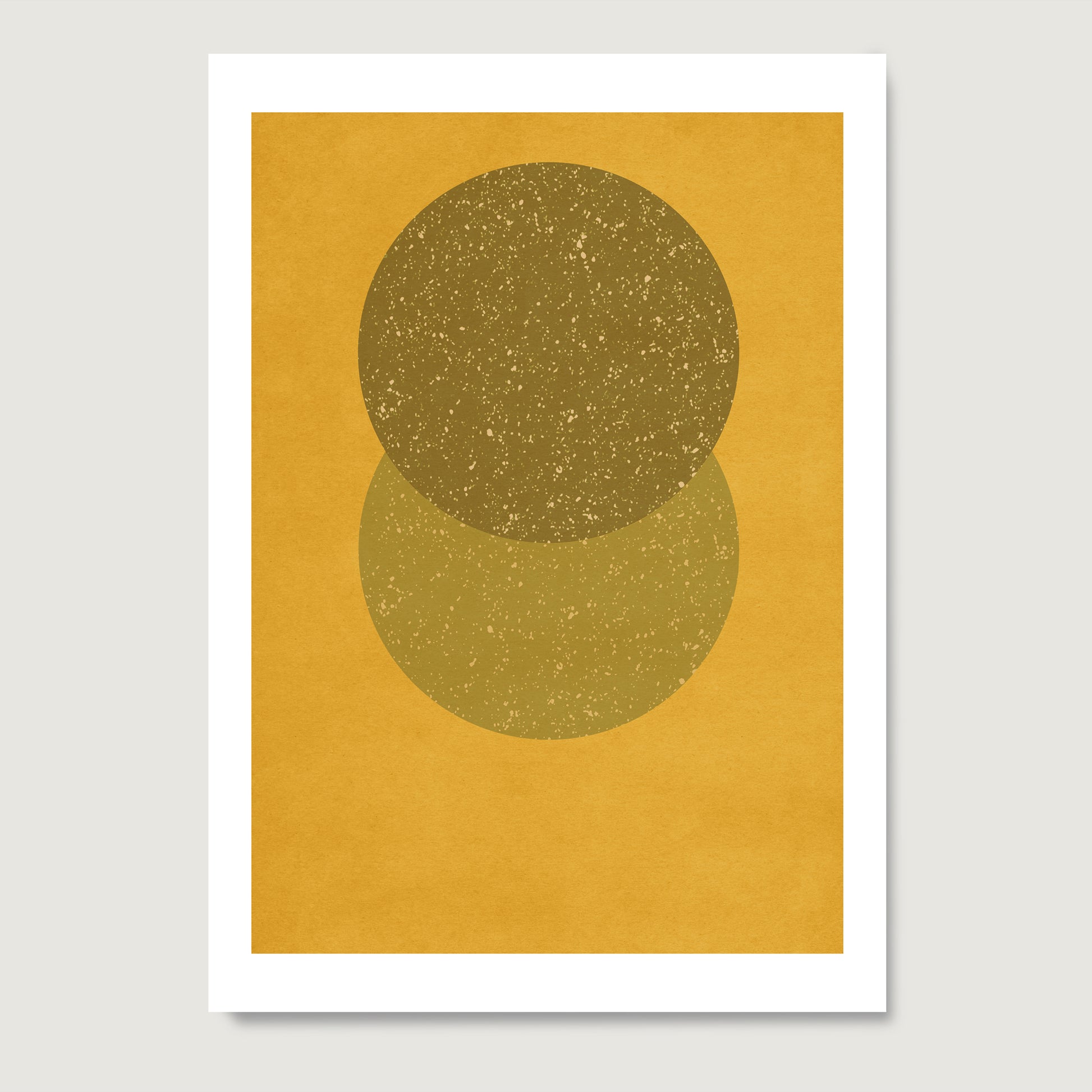 Yellow geometric abstract art print on paper.