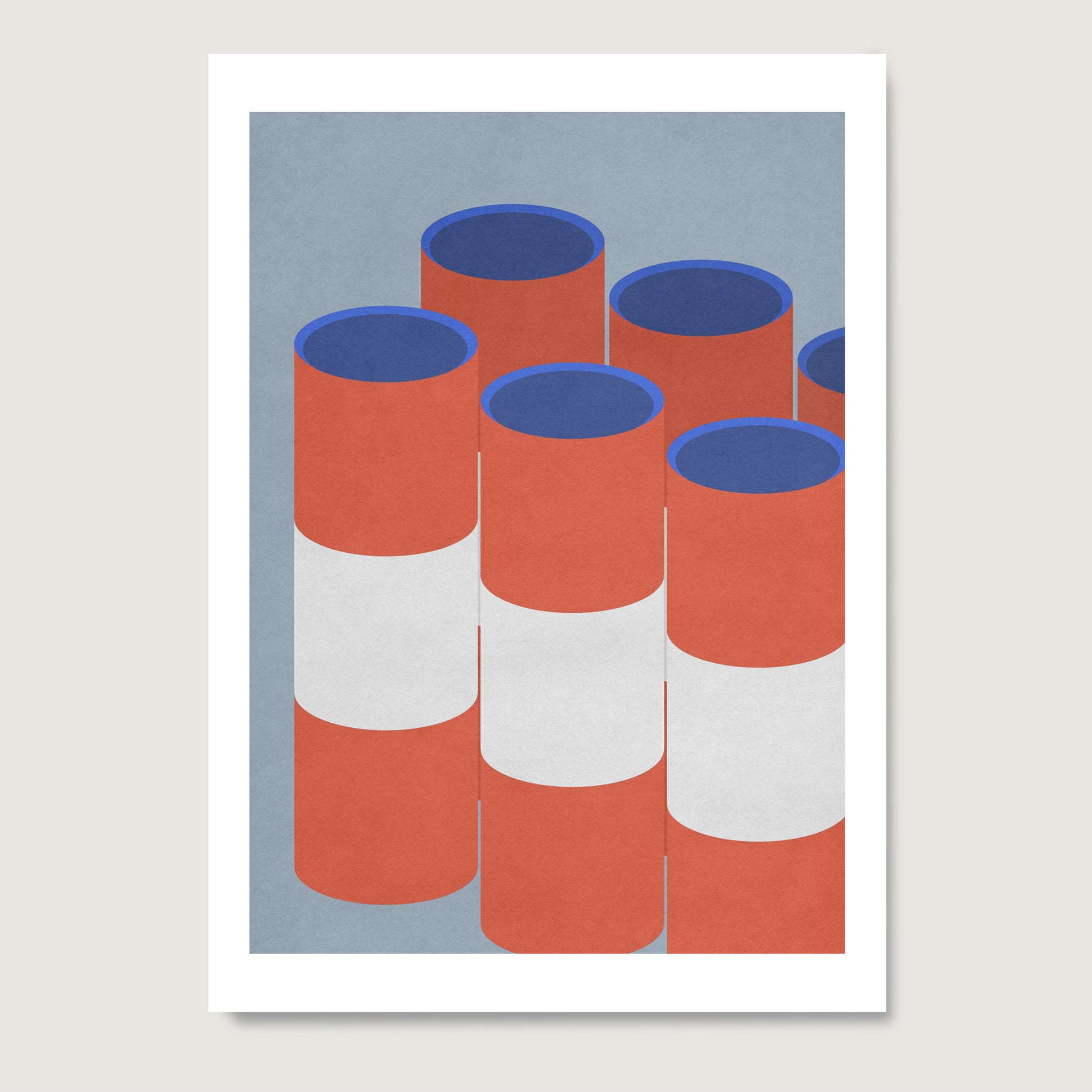 Red and blue graphic art print on paper.