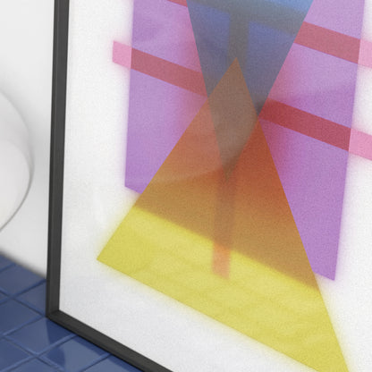 Framed abstract art with geometric shapes in purple, orange, and yellow on a white background.