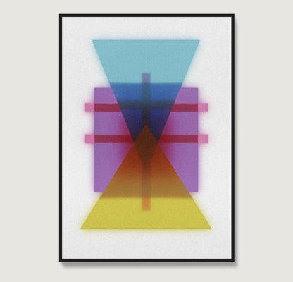 Framed abstract art with colorful geometric shapes on a white background