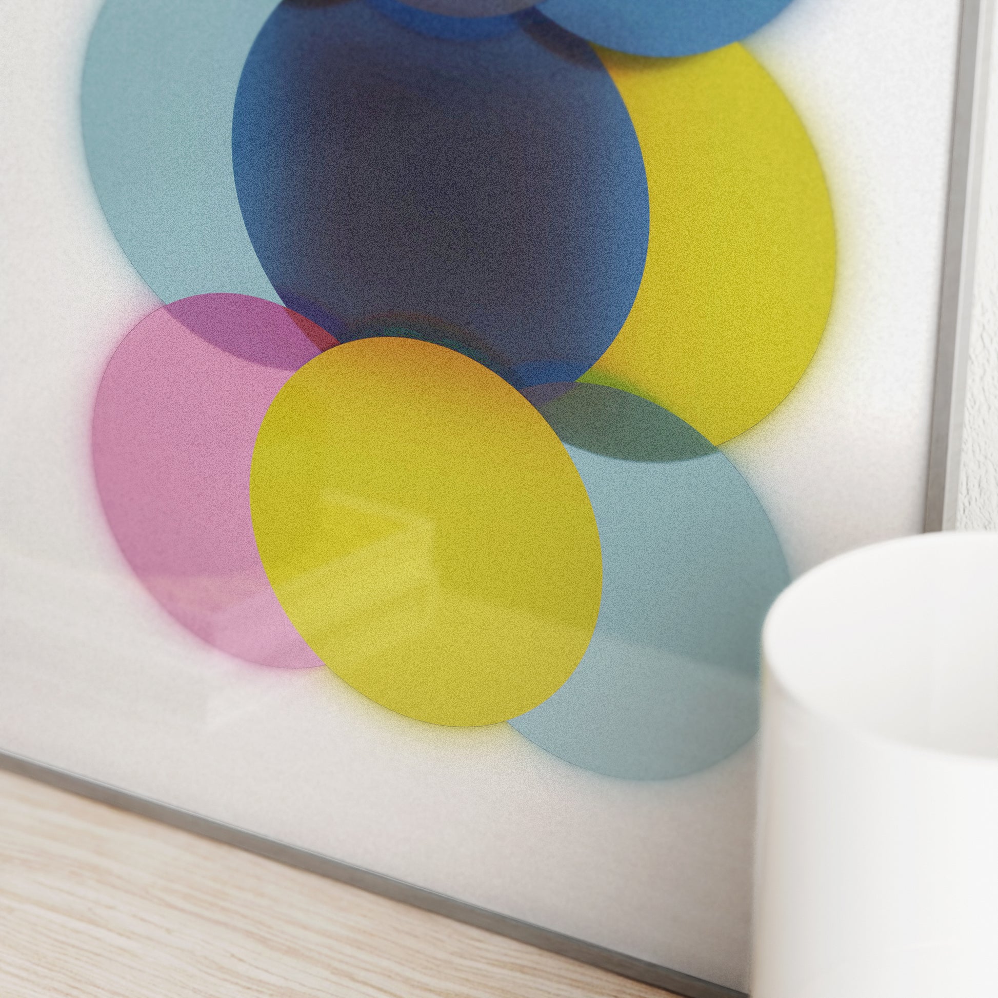 Detail of a colorful abstract art print with circles.