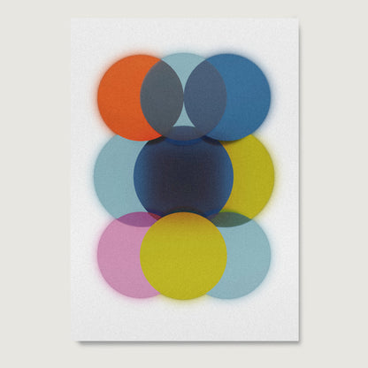 Abstract art print with colorful circles on a white background.