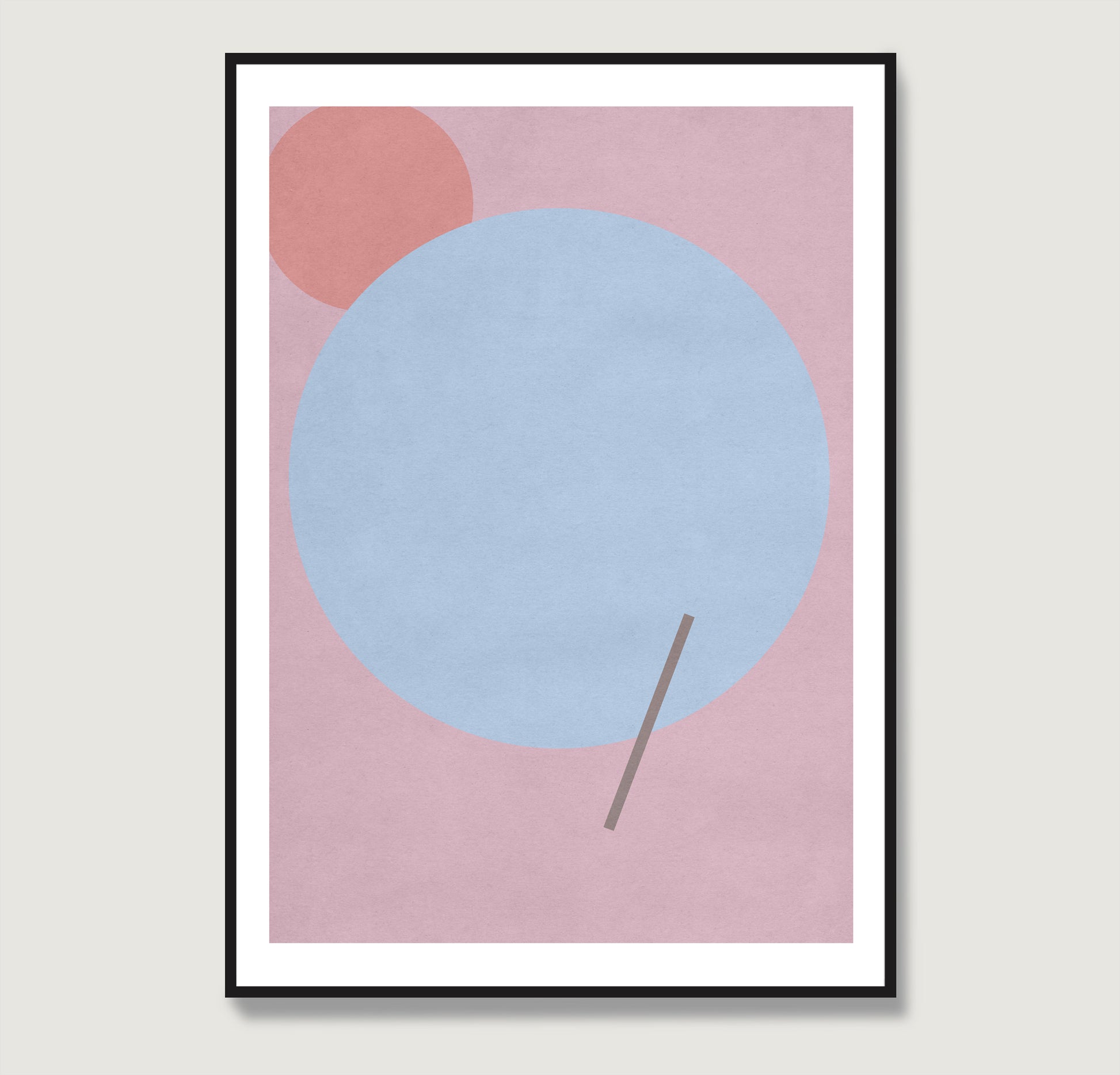Pink graphic art print with a blue circle.