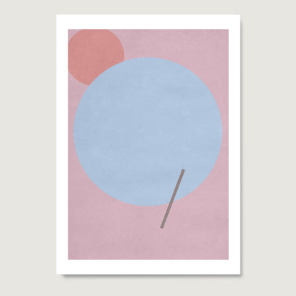 Pink graphic art print with a blue circle, on paper.