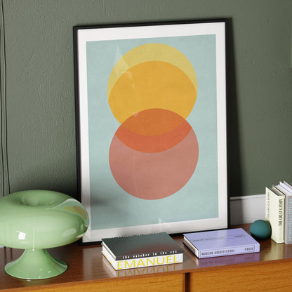 Colorful 80's style graphic art print, in a vintage ambient.