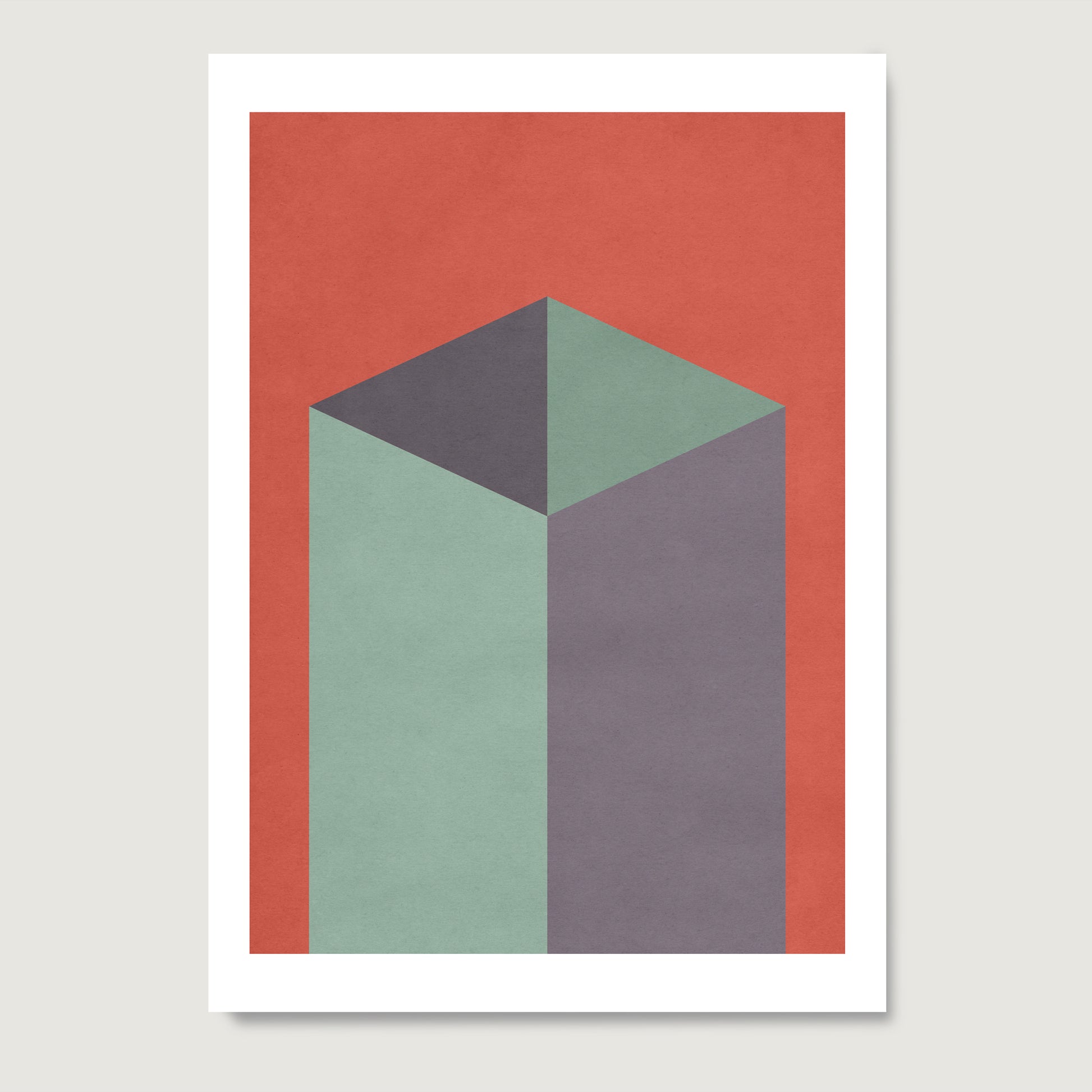Red and green geometric graphic art print on paper.